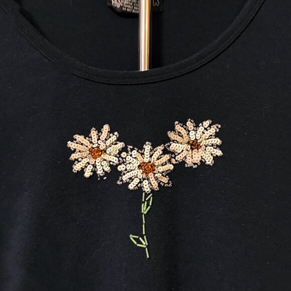 Fashion Classics Women's Floral Top Sequin Black White Orange T-shirt Tee Small - Picture 1 of 8